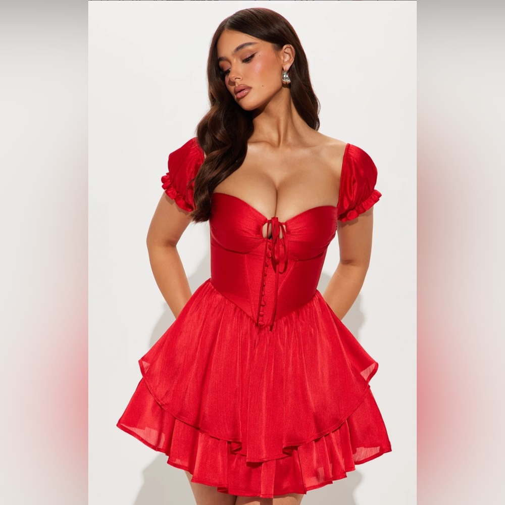 Elegant Red Dress with Puff Sleeves - XS